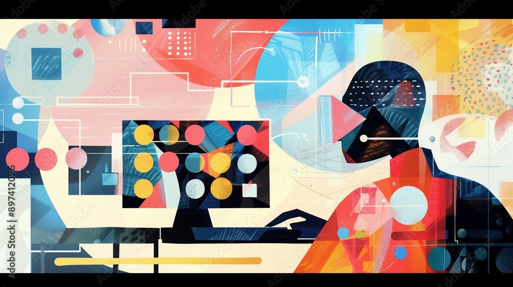 Aufkleber a silhouette of a person at a computer surrounded by abstract shapes and vibrant colors, representin