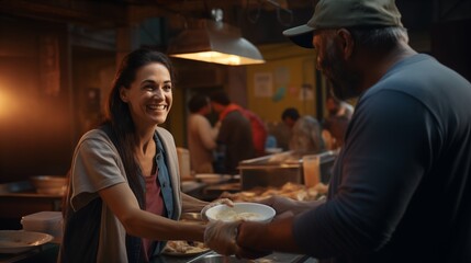compassionate volunteer distributing food and supplies to people in need at a local soup kitchen