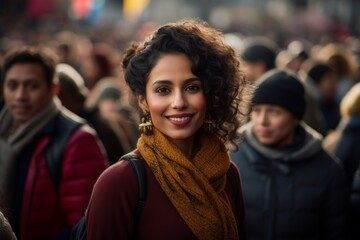 Fototapeta premium Portrait of a tender indian woman in her 40s wearing a classic turtleneck sweater isolated in vibrant festival crowd