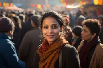 Fototapeta premium Portrait of a tender indian woman in her 40s wearing a classic turtleneck sweater on vibrant festival crowd