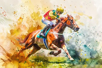 Watercolor art of jockey riding a racehorse in motion. Concept of horse racing, equestrian sports, competition, athletic performance