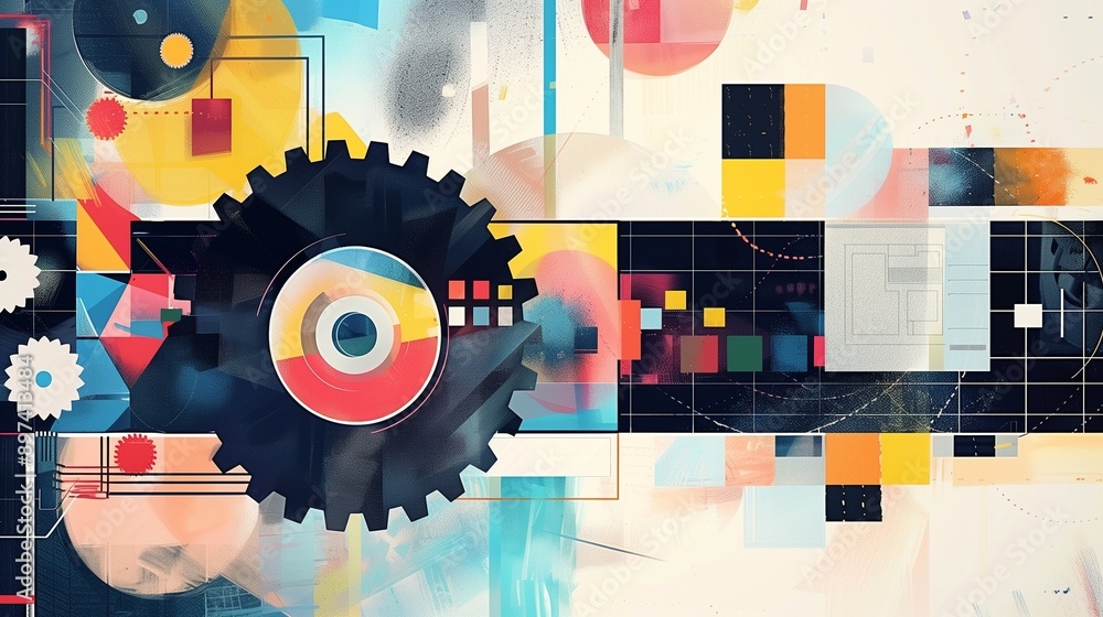Poster abstract gears and colorful geometric shapes symbolize the dynamic and intricate nature of programmi