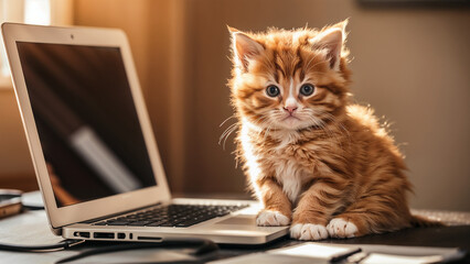 cute cat feels guilty after breaking laptop