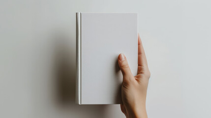 Hand holding a blank book cover, focus on the cover, white background, Mockup, simple and elegant 