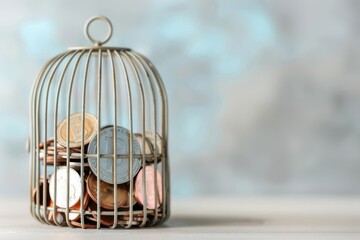 Financial freedom, open cage with coins, 3D illustration, independence concept, copy space
