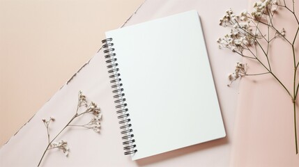 Open blank sheet of sketchbook on spiral, white paper notebook on stylish minimalistic neutral background. Mindful freewriting. Backdrop flat lay for sustainable recycled green design with copy space