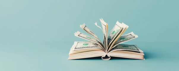 Financial transparency, open book with money, 3D illustration, clarity concept, copy space
