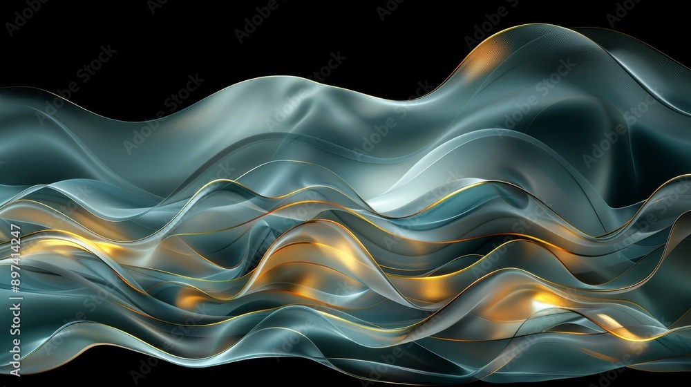 Poster abstract digital art featuring silky waves with light reflections, creating a mesmerizing flow effec
