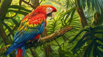 Scarlet macaw perched on a tropical tree, its vivid colors contrasting with the lush green background