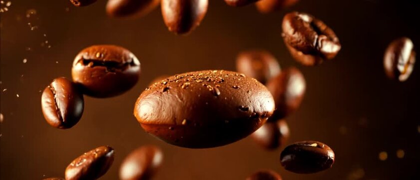 Super slow motion shot of falling roasted coffee beans on light background macro. Roasting flying coffee. Whole coffee explosion close up 4k video