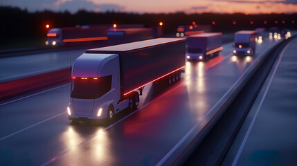 Fototapeta premium An autonomous driving truck fleet on wisdom high way at sunset