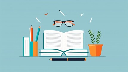 Obraz premium A book is open on a table with a pen and a pencil