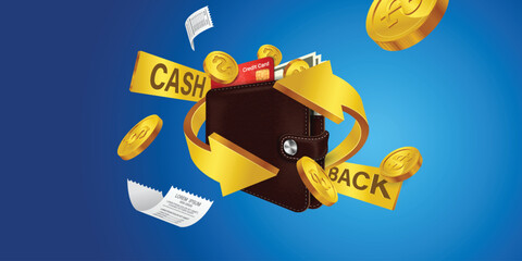 Cash back, money saving vector concept with dollar coins, wallet, arrows, credit card.Guarantee bonus program finance sticker. Online shopping, cash back sale offer emblem,Cash back service, financial