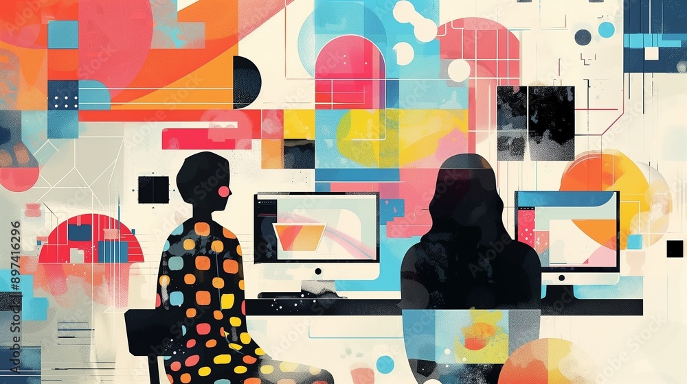 Poster two silhouettes engaged in pair programming, collaborating on computers. the abstract shapes and vib