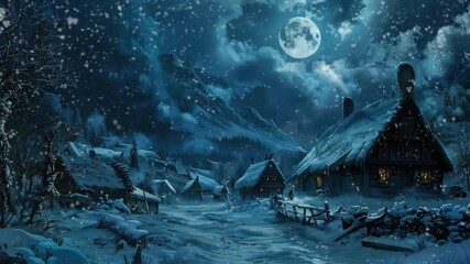 Animation Snow-covered village under full moon in winter night generated with ai - Powered by Adobe