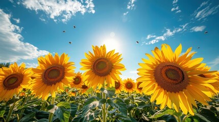Obraz premium Vibrant Sunflower Field Under a Bright Blue Sky