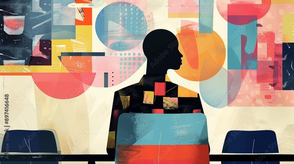 Poster silhouette of a person at a table with abstract shapes and vibrant colors, representing developer ev