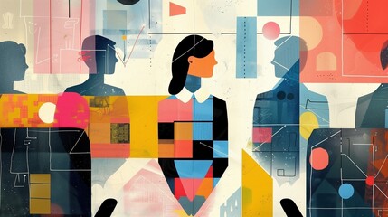 Abstract silhouettes of three individuals in a software development job interview, set against a backdrop of vibrant colors and modern, abstract shapes.