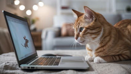 Cat Watching Mouse at a Laptop