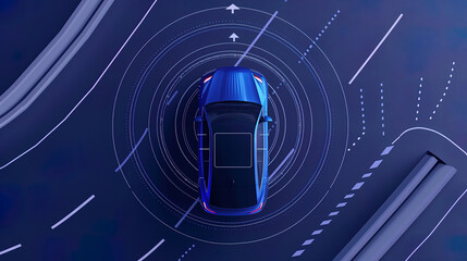 a futuristic car on road with radar scanning line circles, the concept of autonomous driving technology