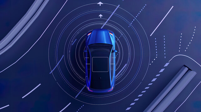 a futuristic car on road with radar scanning line circles, the concept of autonomous driving technology
