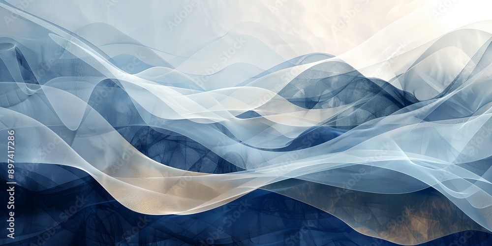 Poster the image is a beautiful blue and white wave with mountains in the background. the waves are long an