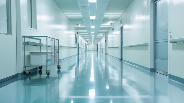 Empty hospital corridor with clean, reflective floors and bright overhead lights. Sterile and quiet medical environment, ready for patient care and emergencies 