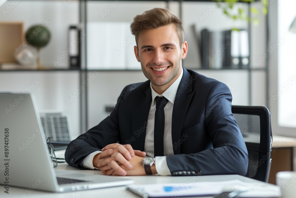Aufkleber a man in a suit and tie is sitting at a desk with a laptop and a stack of papers. he is smiling and 