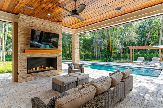 Large Outdoor Fireplace and TV on Patio of Upscale Florida Home with Stone Paver Flooring, Wood Ceiling, and Open to Backyard Pool Area