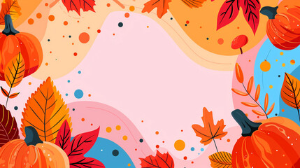 Fototapeta premium Abstract banner featuring orange pumpkins and red autumn leaves on a beige background, with copy space for Halloween and Thanksgiving messages.