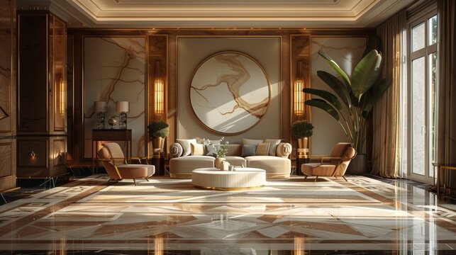 luxurious interior design, art deco style is characterized by elegant geometric patterns and sleek lines, creating a luxurious and sophisticated vibe in any space