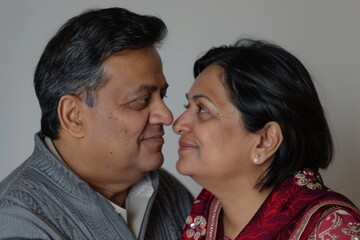 Naklejka premium Portrait of a satisfied indian couple in their 40s looking into each other's eyes