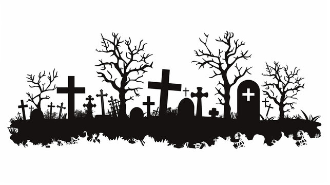 Haunted Cemetery Silhouette Border. Halloween Concept in Black and White