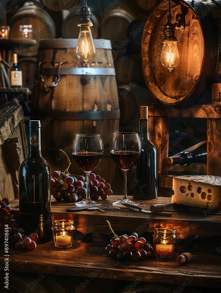 Aufkleber two glasses of red wine, a bottle of wine, and a block of cheese sit on a wooden table in a dimly li