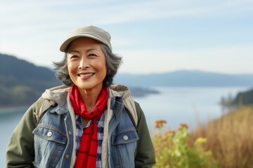 Fototapeta premium Portrait of a smiling asian woman in her 60s sporting a rugged denim jacket on backdrop of an idyllic countryside
