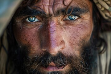 Obraz premium Weathered farmer with striking blue eyes stares seriously from under a hood