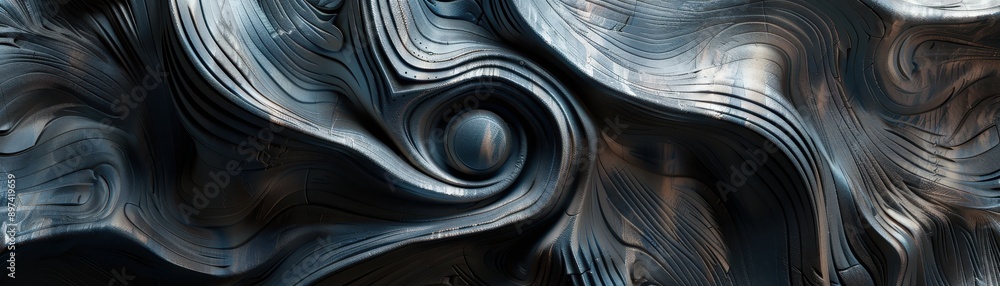Poster abstract fluid art with dark tones and subtle highlights, creating a mesmerizing swirl and wave patt