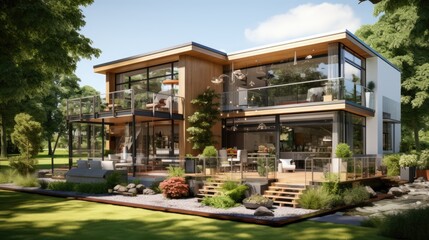 Obraz premium A modern house with wooden cladding and greenery on the roof, set against blue sky, 