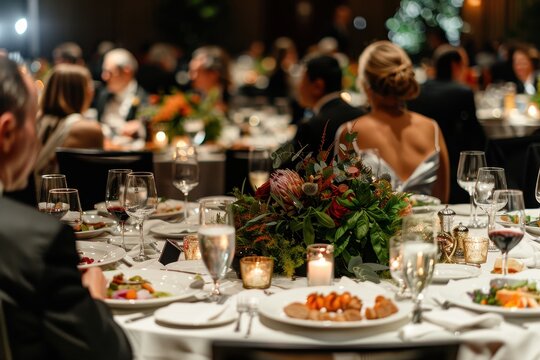 A group of people are sitting at a table with a floral centerpiece