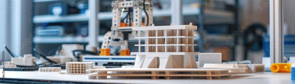 Poster architectural model with modern design on workstation, representing engineering and construction in 