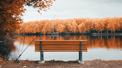 A serene riverbank with a wooden bench and a fishing rod leaning against it, surrounded by trees in vibrant autumn hues