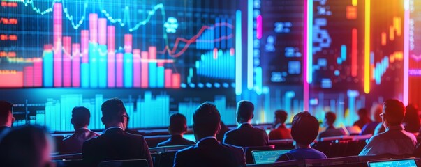 Audience in a conference room viewing colorful financial charts and data on large screens, representing business analysis and market trends.