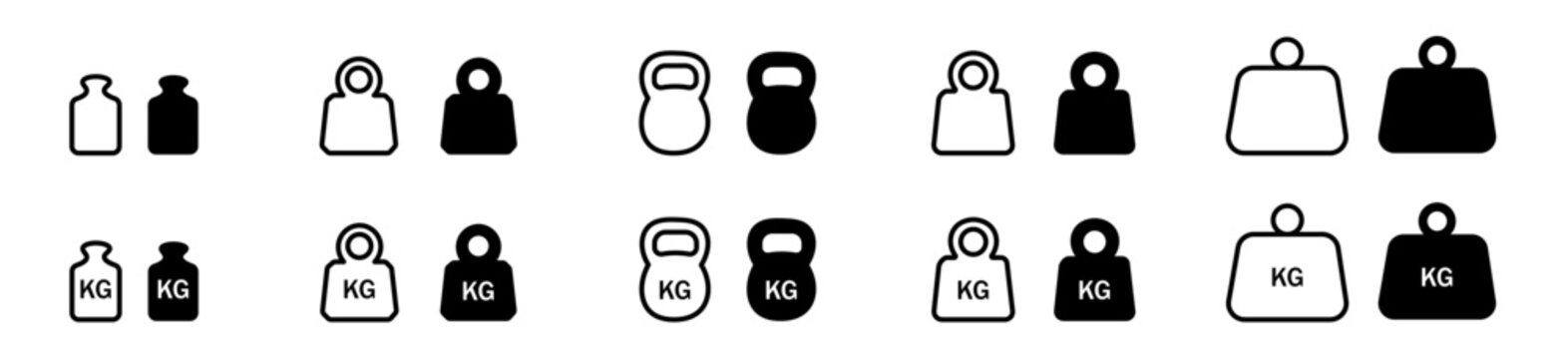 Weight icon set. Kg bell logo. Dumbbell weight sign. Fitness massa elements.vector icons.