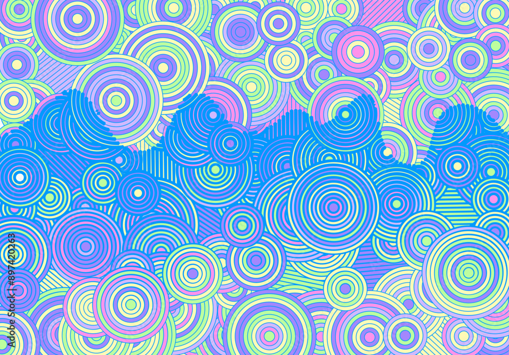 Poster Abstract psychedelic background with circles and lines of various widths in retro optical illusion style.