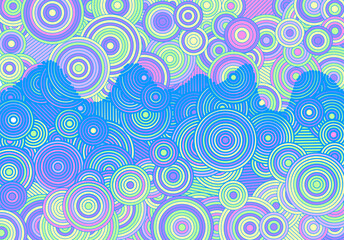 Abstract psychedelic background with circles and lines of various widths in retro optical illusion style.
