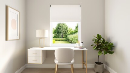 A stylish home office with a desk, a chair, and shelves filled with books and decor, with copy space, high-resolution photo, realistic photo, hyper realistic