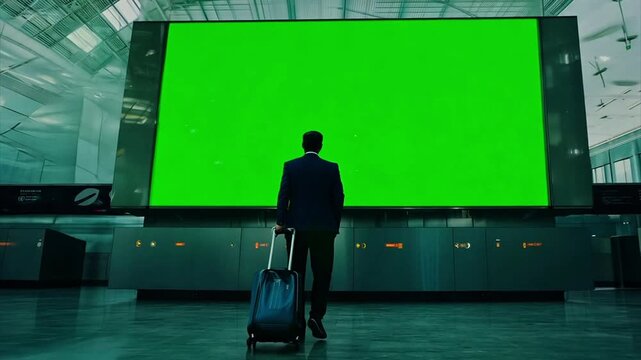 Tracking a Asian man wearing a suit from behind walking and pulling rolling luggage through an airport with a large video screen showing a chroma key green screen behind her.