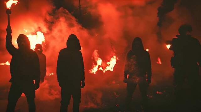 Masked Individuals Holding Flares During Nighttime Protest