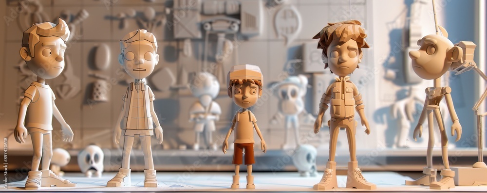 Poster colorful 3d animated characters standing in a line, showcasing unique designs in a detailed and arti