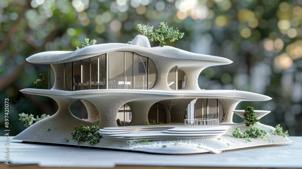 Poster futuristic architectural model of a modern multi-story building with curved design elements, surroun